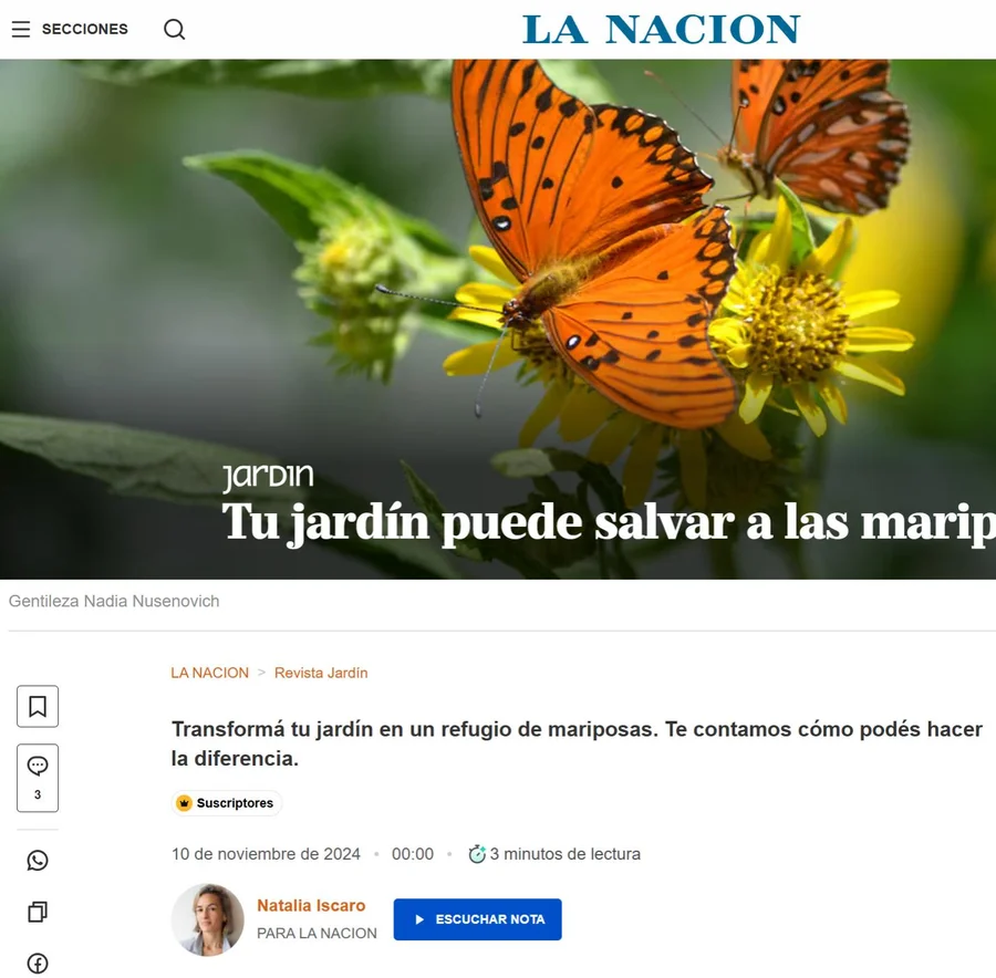 Nota LA NACION Tu jardín puede salvar a las mariposas Amor Nativo Nadia Nusenovich